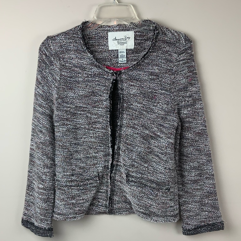 American Rag black pink white blue tweed jacket